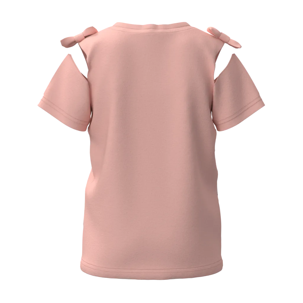 Peach Pink Girl’s Printed T-Shirt | Cute Cat Design Tee | Bow Shoulder Cotton Summer Top | 1512