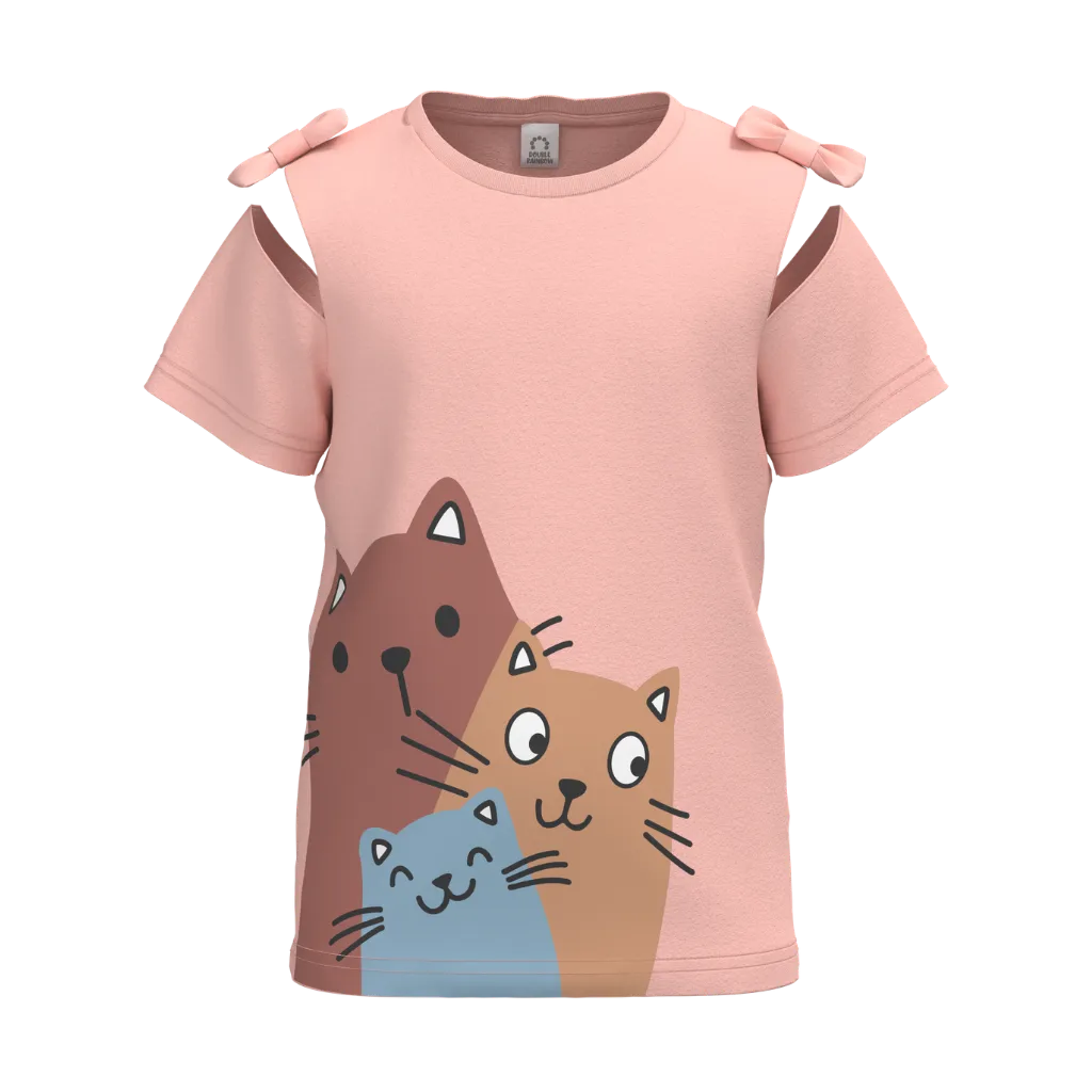 Peach Pink Girl’s Printed T-Shirt | Cute Cat Design Tee | Bow Shoulder Cotton Summer Top | 1512
