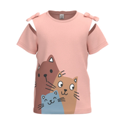 Peach Pink Girl’s Printed T-Shirt | Cute Cat Design Tee | Bow Shoulder Cotton Summer Top | 1512