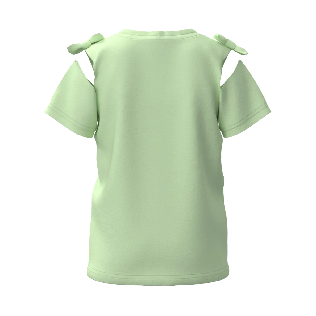 Green Girl’s Printed T-Shirt | Cute Cat Design Tee | Bow Shoulder Summer Cotton Top | 1513