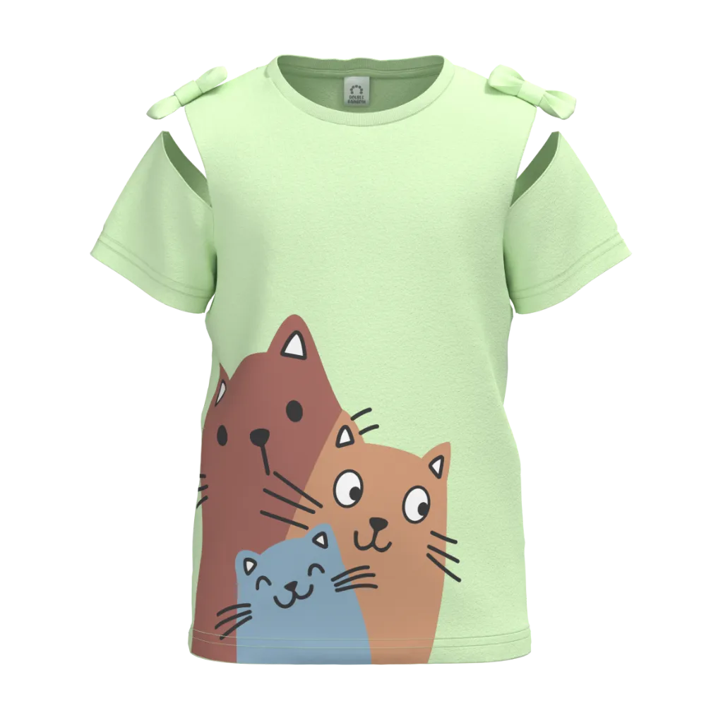 Green Girl’s Printed T-Shirt | Cute Cat Design Tee | Bow Shoulder Summer Cotton Top | 1513