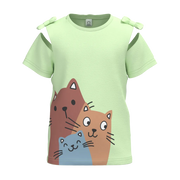 Green Girl’s Printed T-Shirt | Cute Cat Design Tee | Bow Shoulder Summer Cotton Top | 1513