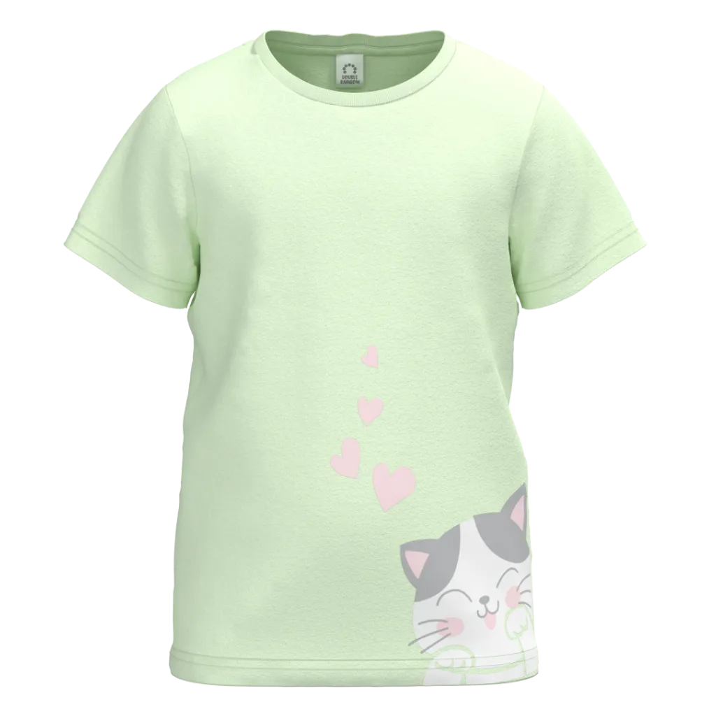 Green Cotton Short Sleeve T-Shirt for Girls | Cute Cat & Heart Graphic Print Casual Tee | 1514