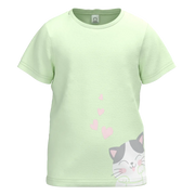 Green Cotton Short Sleeve T-Shirt for Girls | Cute Cat & Heart Graphic Print Casual Tee | 1514