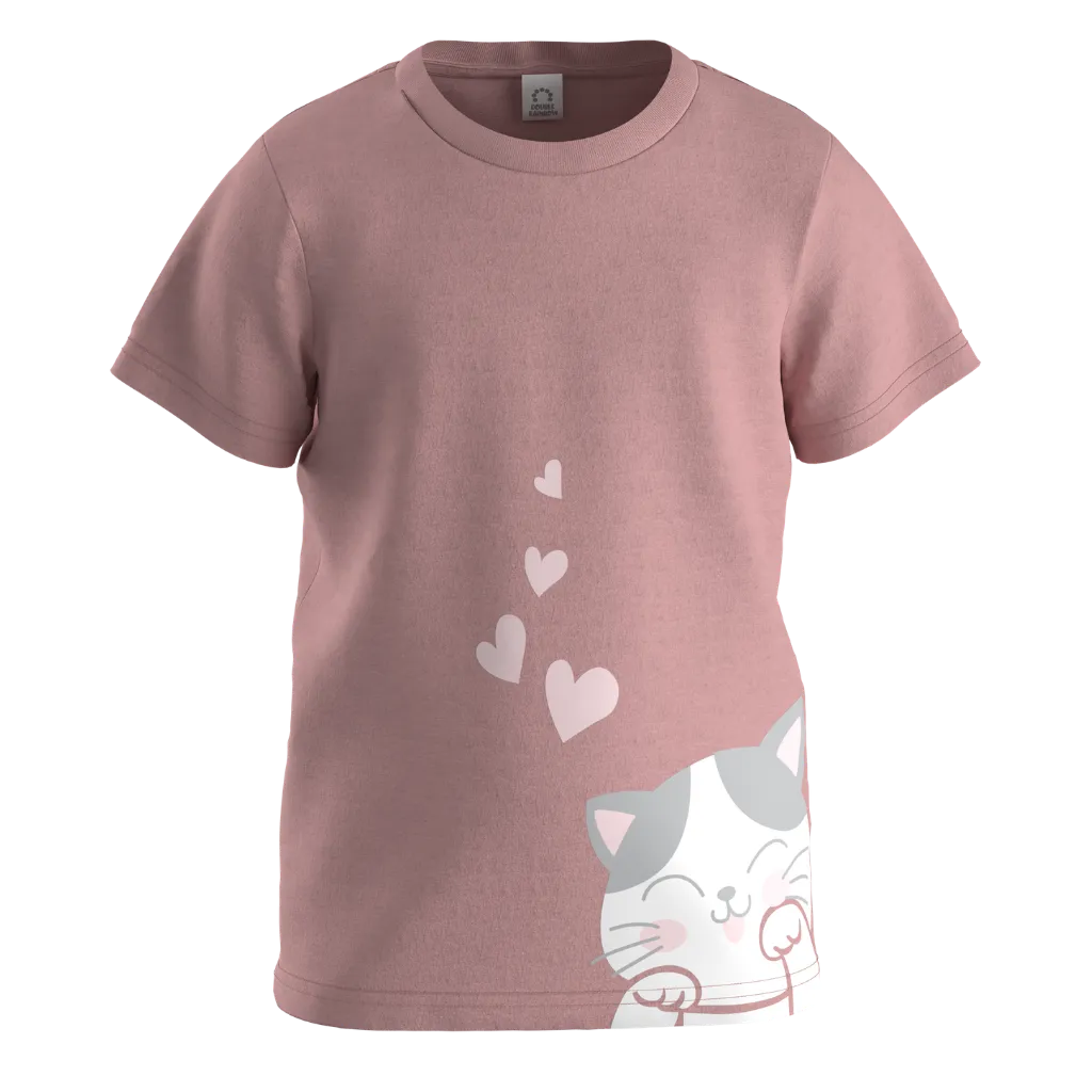 Brown Cotton Short Sleeve T-Shirt for Girls | Cute Cat & Heart Graphic Kids Tee | 1515