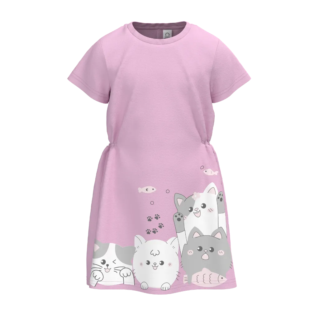 Pink Girl’s Frock | Cute Cat Print Casual Dress | Soft Cotton Summer Kids Wear | 1516