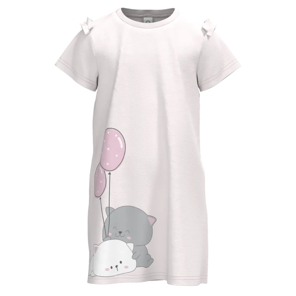 Light Pink Cotton Short Sleeve Frock for Girls | Cute Kitty & Balloon Print Casual Dress | 1518