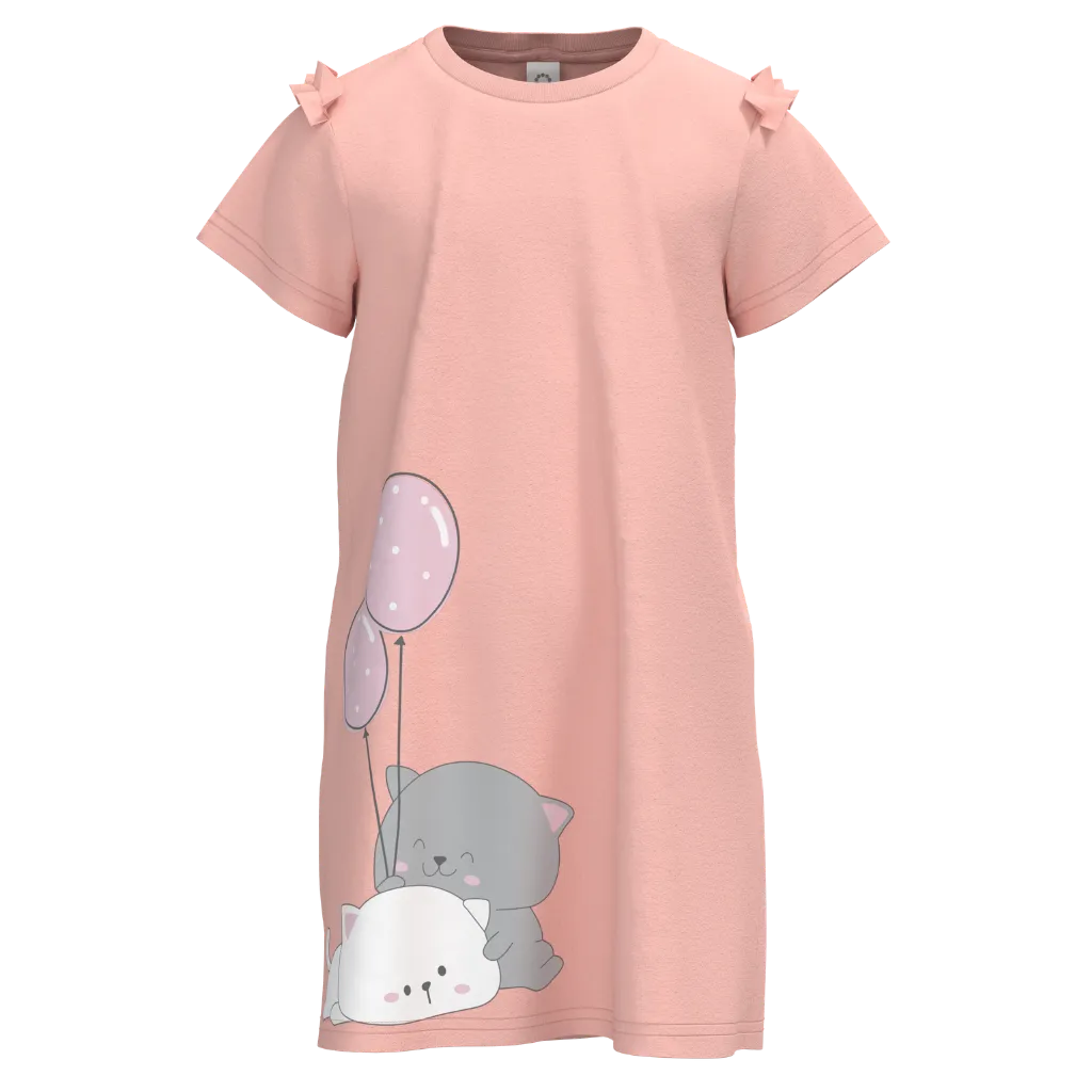 Peach Brown Cotton Short Sleeve Frock for Girls | Cute Kitty & Balloon Print Casual Dress | 1519