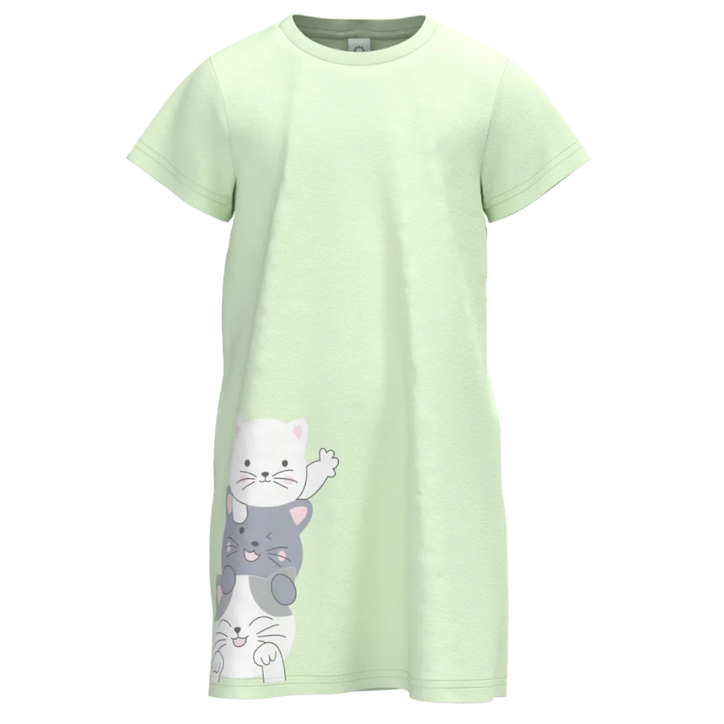 Mint Green Cotton Frock for Girls | Cute Kitty Stack Print Dress | 1520