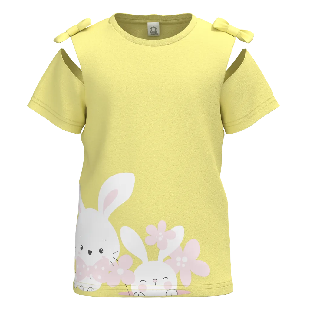 Yellow Cotton Short Sleeve T-Shirt for Girls | Cute Bunny Floral Graphic Tee | 1528