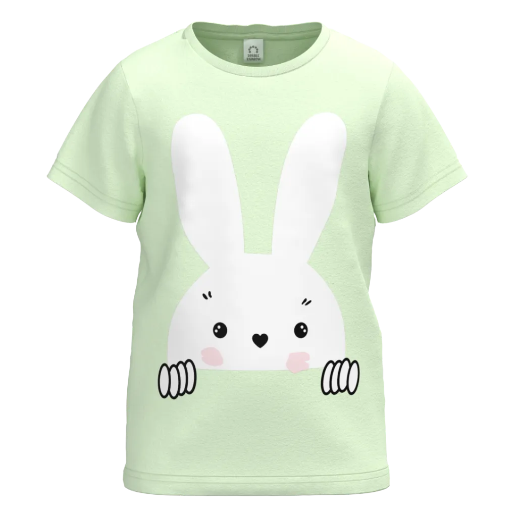 Mint Green Cotton Short Sleeve T-Shirt for Girls | Cute Bunny Graphic Casual Tee | 1529