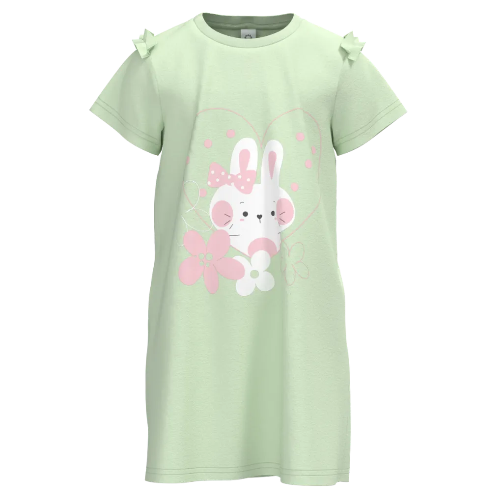 Mint Green Cotton Short Sleeve Frock for Girls | Cute Bunny Floral Casual Dress | 1532