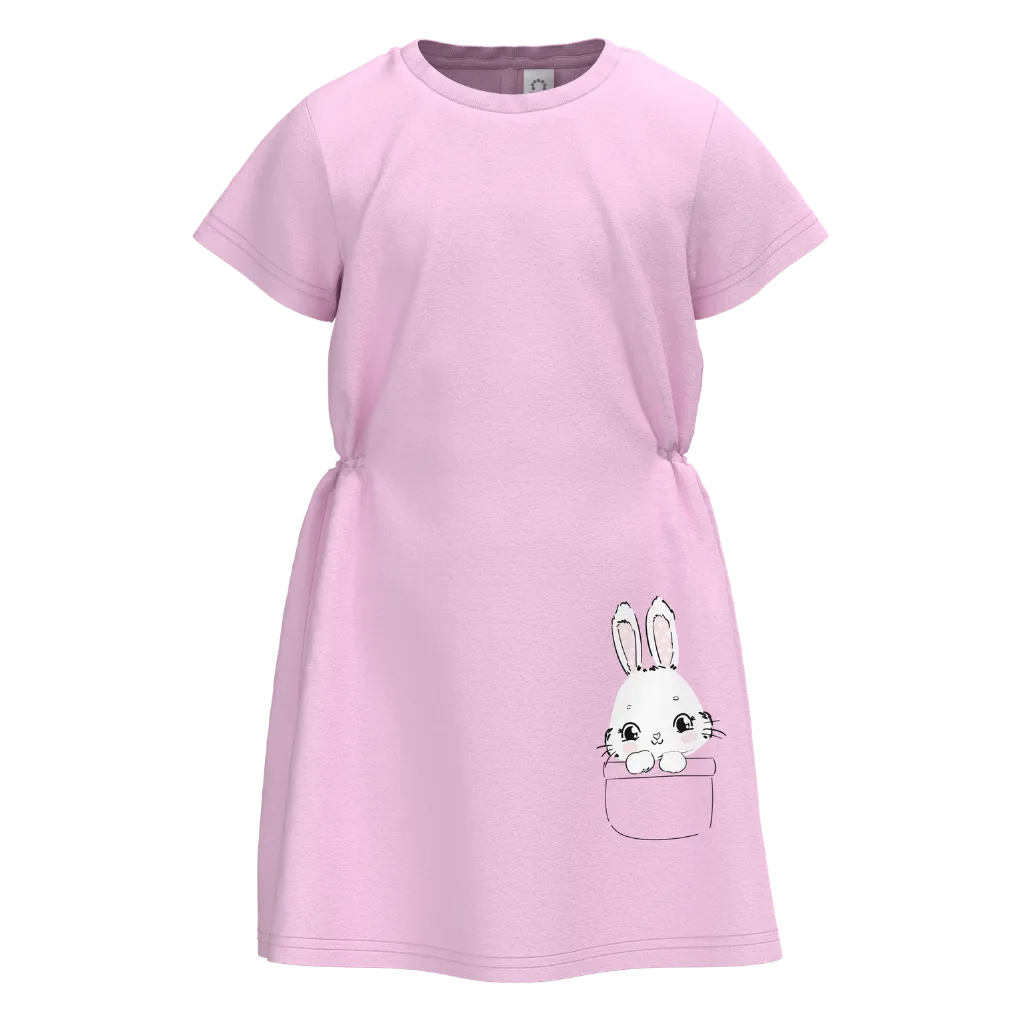 Pink Cotton Short Sleeve Frock for Girls | Cute Bunny Pocket Dress | 1533