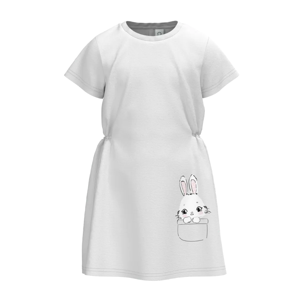 Ash Grey Girl’s Frock | Cute Bunny Pocket Print Dress | Soft Cotton Casual Kids Wear | 1534