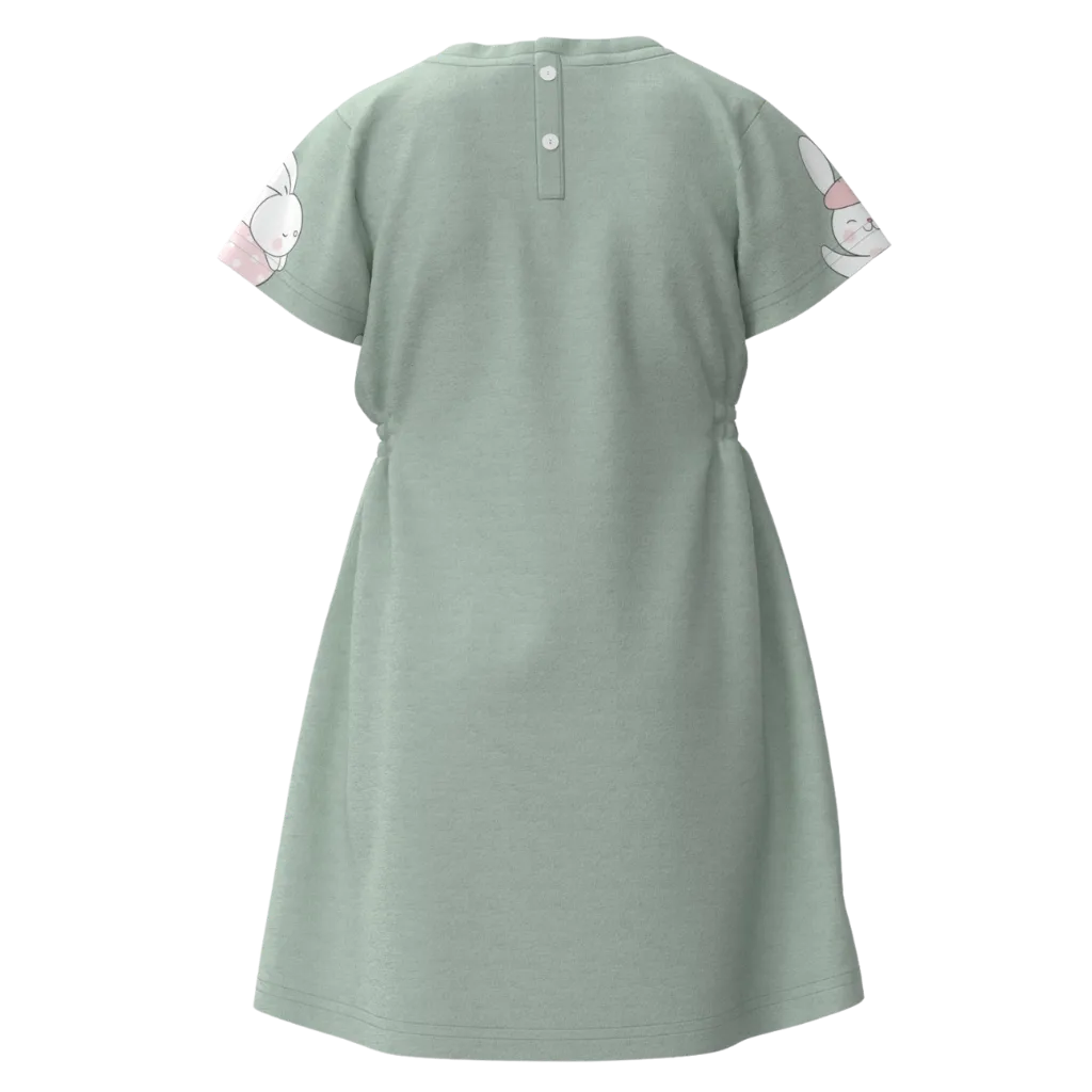 Green Cotton Short Sleeve Frock for Girls | Cute Bunny Print Casual Dress | 1536