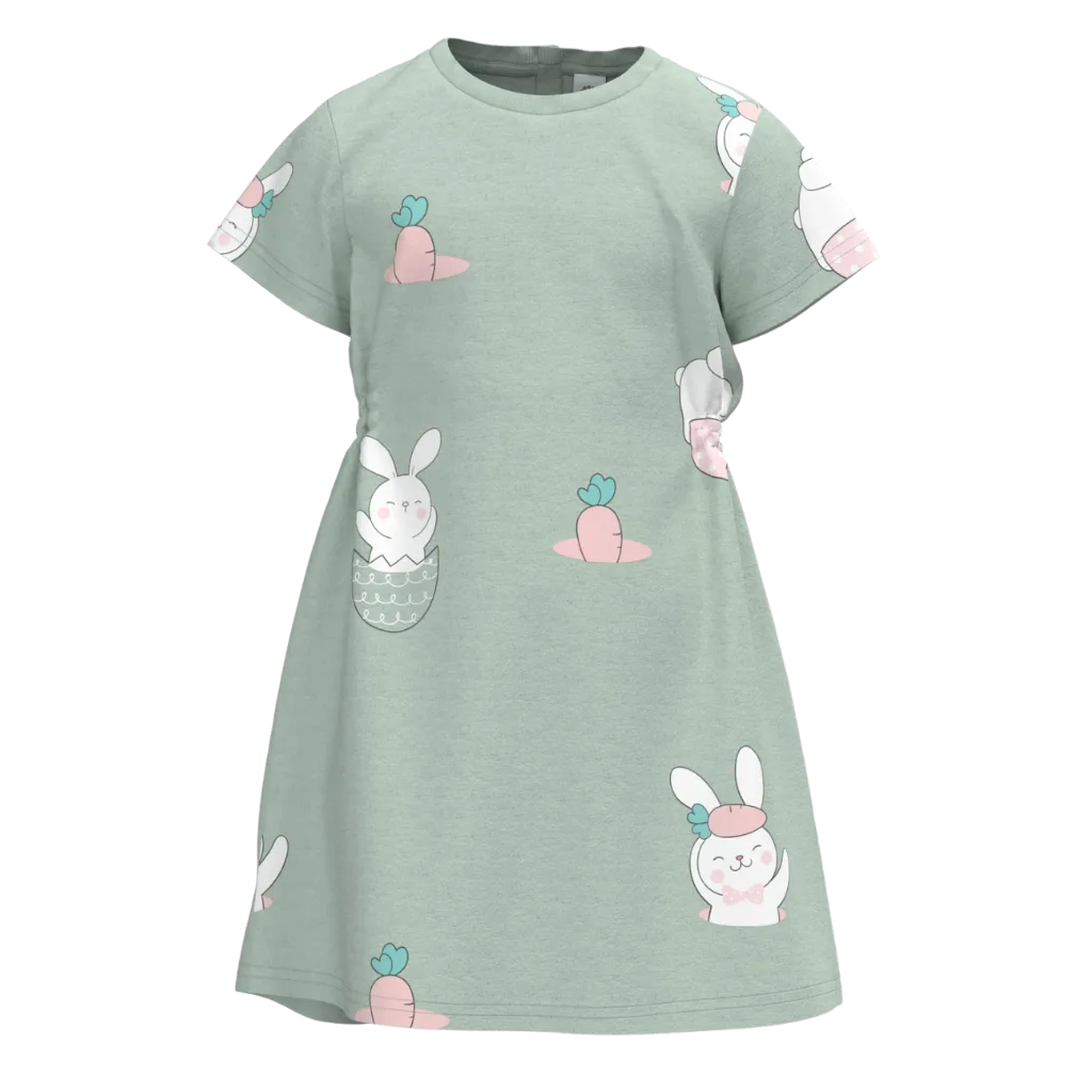 Green Cotton Short Sleeve Frock for Girls | Cute Bunny Print Casual Dress | 1536