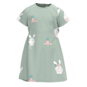 Green Cotton Short Sleeve Frock for Girls | Cute Bunny Print Casual Dress | 1536