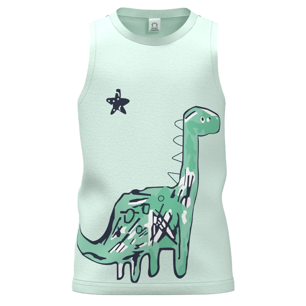Ash Green Sleeveless Dinosaur T-Shirt for Boys | Kids Cotton Tank Top | Cute Dino Graphic Summer Wear | 1582