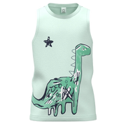 Ash Green Sleeveless Dinosaur T-Shirt for Boys | Kids Cotton Tank Top | Cute Dino Graphic Summer Wear | 1582