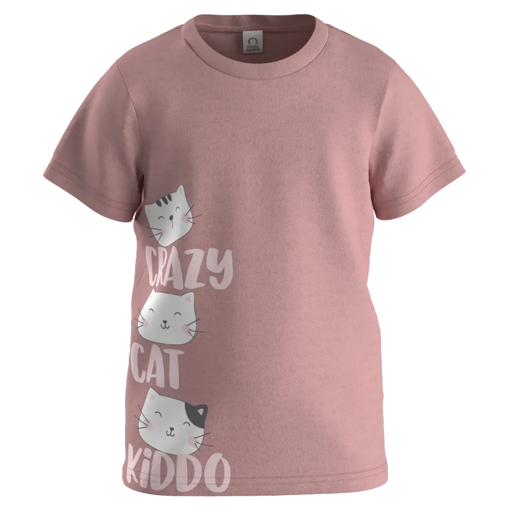 Peach Cotton Short Sleeve T-Shirt for Girls | “Crazy Cat Kiddo” Graphic Tee | 1601