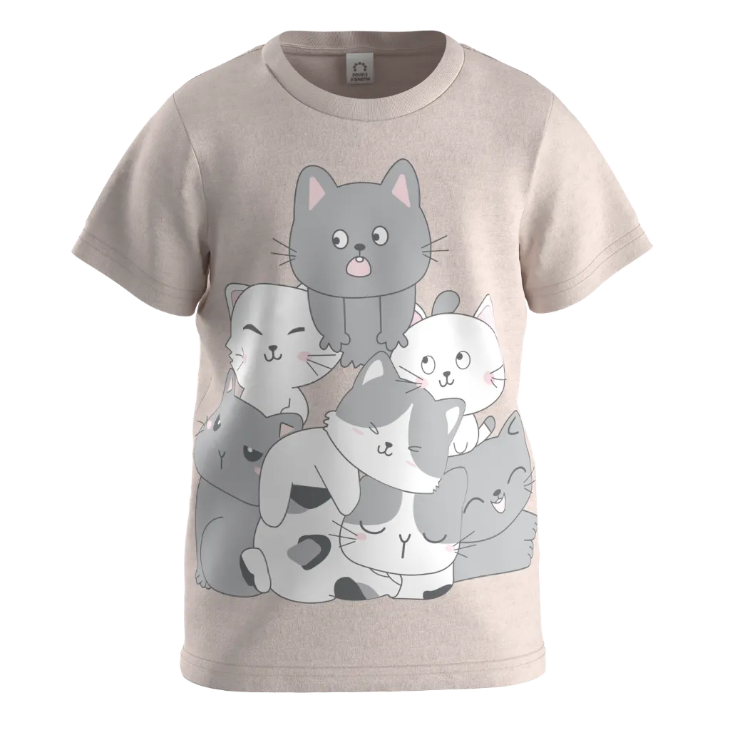 Pink Cotton Short Sleeve T-Shirt for Girls | Cute Cartoon Cat Graphic Tee | 1602