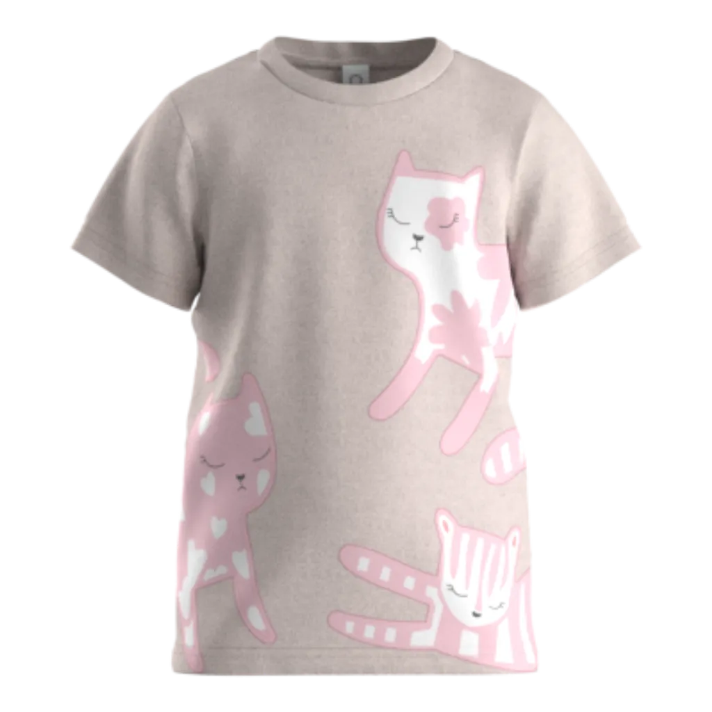 মেয়েদের জন্য গোলাপী সুতির ছোট হাতা টি-শার্ট | কিউট ক্যাট গ্রাফিক বাচ্চাদের টি-শার্ট | ১৬০৩