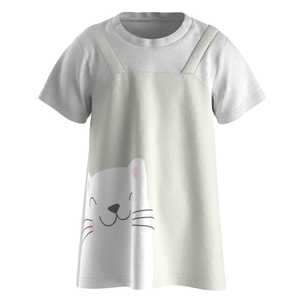 Purple Ash Cotton Short Sleeve Frock for Girls | Cute Cat Graphic Kids Dress | 1604
