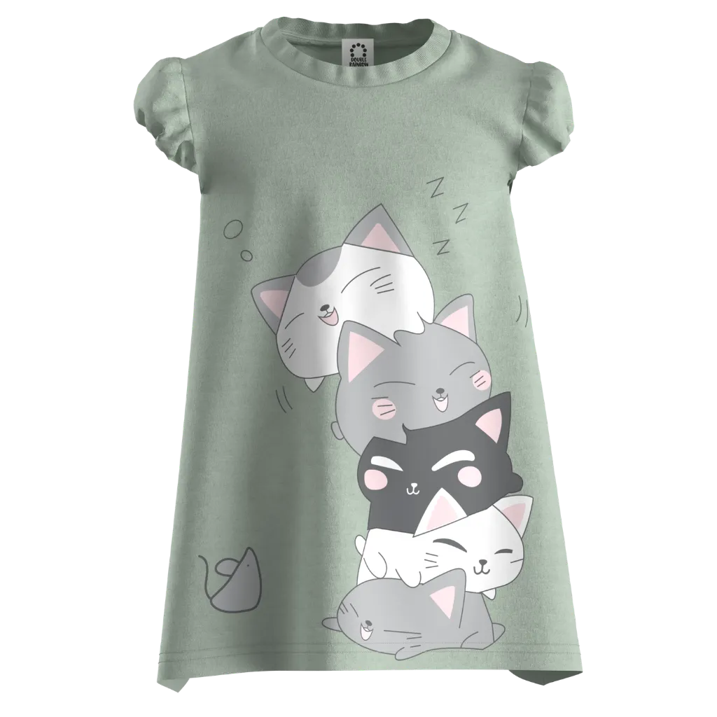 Green Cotton Short Sleeve Frock for Girls | Cute Sleeping Cat Graphic Dress | 1606