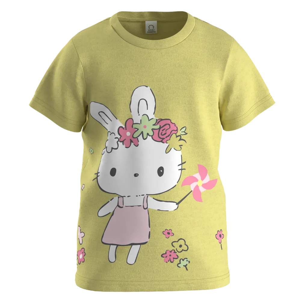 Yellow Cotton Short Sleeve T-Shirt for Girls | Cute Bunny Floral Graphic Kids Tee | 1612