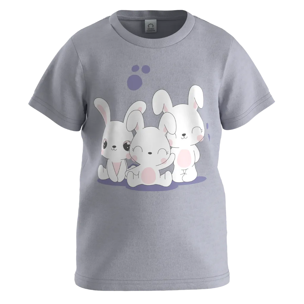 Purple Ash Cotton Short Sleeve T-Shirt for Girls | Cute Bunny Friends Graphic Kids Tee | 1613