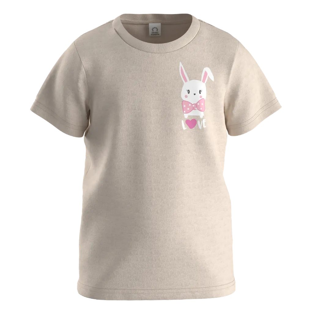 Beige Cotton Short Sleeve T-Shirt for Girls | Cute Bunny Graphic Kids Tee | 1614