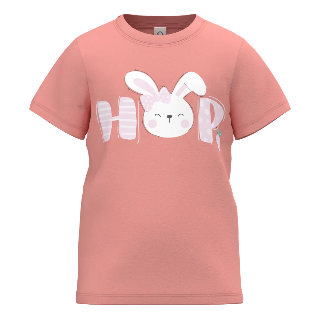 Peach Cotton Short Sleeve T-Shirt for Girls | Cute Bunny “HOP” Graphic Tee | 1615
