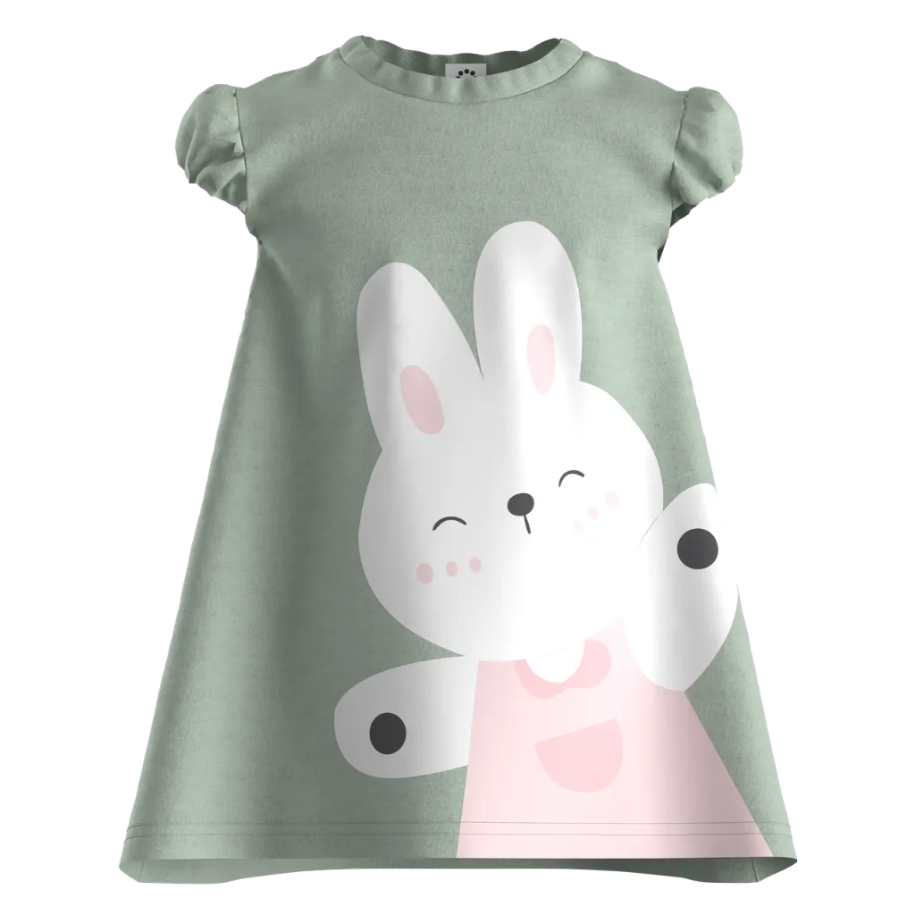 Green Cotton Short Sleeve Frock for Girls | Cute Bunny Graphic Kids Dress | 1618