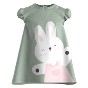 মেয়েদের জন্য সবুজ সুতির ছোট হাতা ফ্রক | কিউট বানি গ্রাফিক বাচ্চাদের পোশাক | ১৬১৮