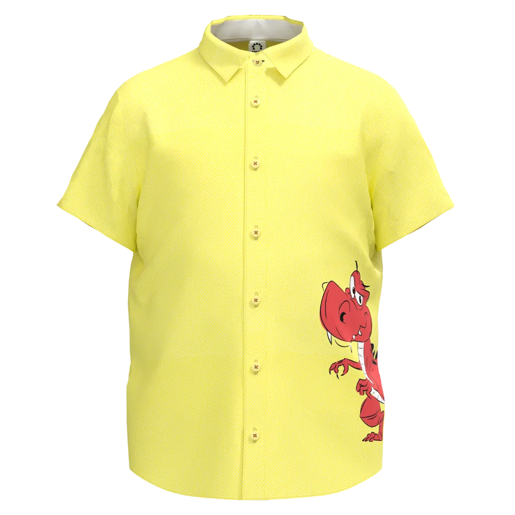 Yellow Dinosaur Print Short Sleeve Shirt for Boys | Kids Button-Up Cotton Shirt | Fun Dino Casual Shirt | 1651