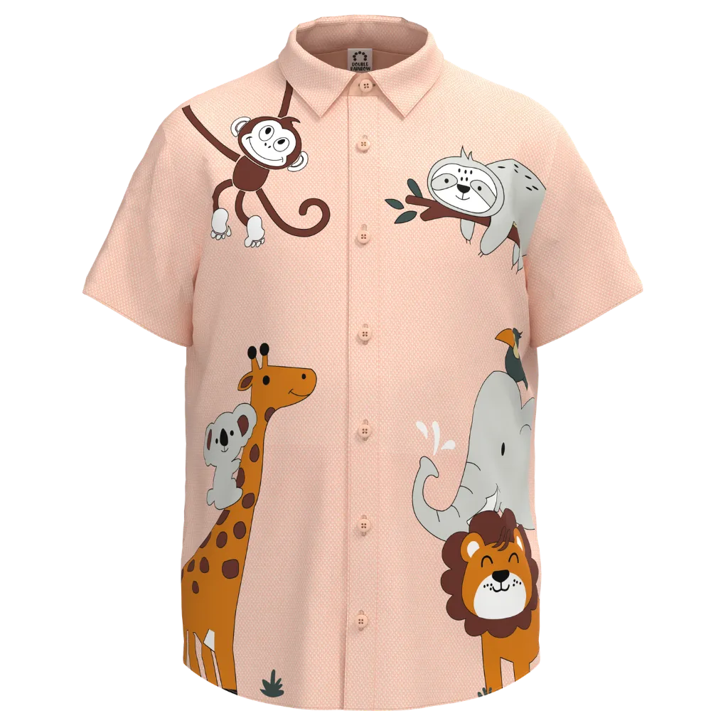 Blush Jungle Animal Print Short Sleeve Shirt for Boys | Kids Button-Up Cotton Shirt | Safari Theme Casual Shirt | 1655