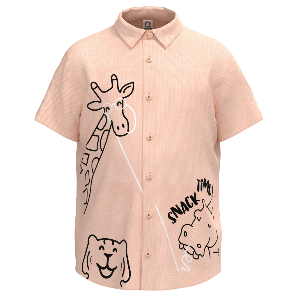 Blush Animal Print Short Sleeve Shirt for Boys | Kids Button-Up Cotton Shirt | Giraffe Graphic Casual Shirt | 1656
