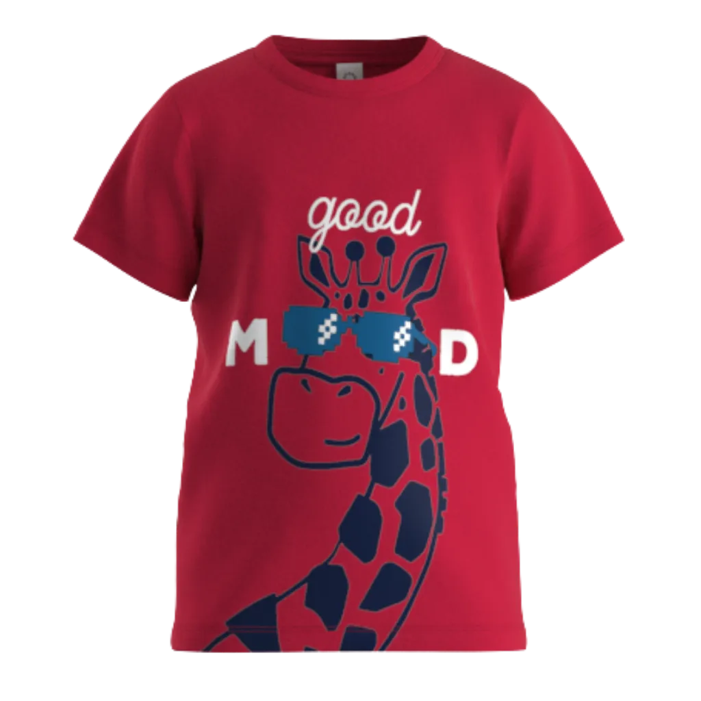 Red Giraffe Print Boys T-Shirt | Kids Cotton Casual Tee | “Good Mood” Graphic T-Shirt | 1827