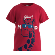 Red Giraffe Print Boys T-Shirt | Kids Cotton Casual Tee | “Good Mood” Graphic T-Shirt | 1827