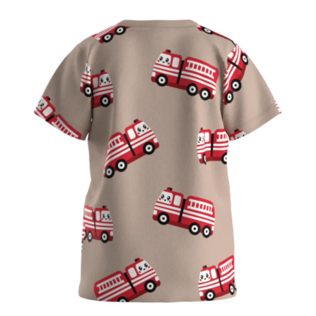 Brown Cotton Short Sleeve T-Shirt for Boys | Fire Engine All-Over Graphic Tee | 1831