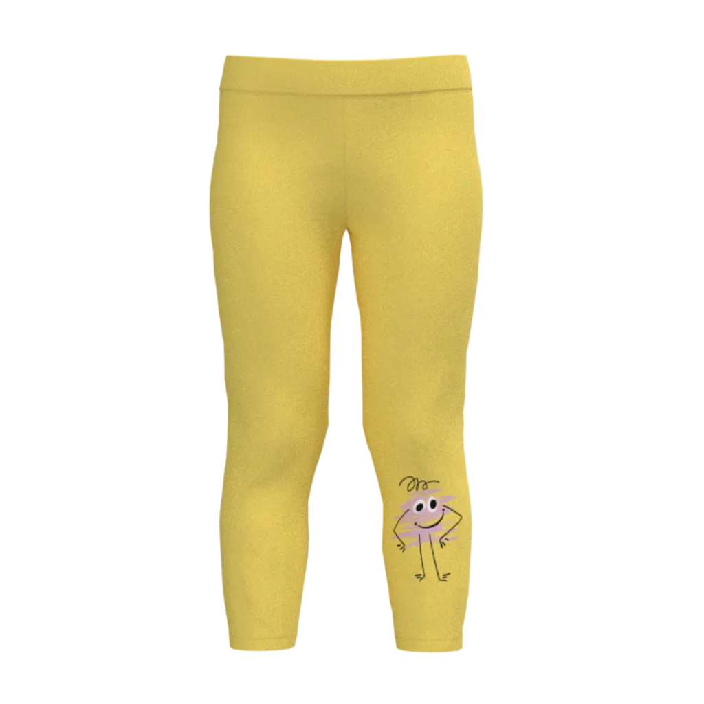 Yellow Girls Printed Leggings | Cute Smiley Character Stretch Leggings | Soft Cotton Everyday Wear for Girls | 1875