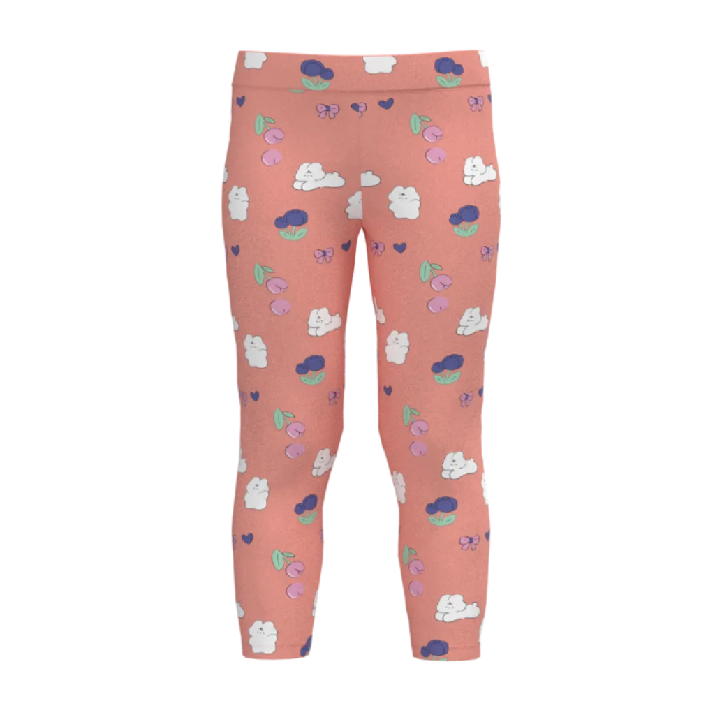 Pink Girls Printed Leggings | Floral & Cloud Print Stretch Leggings | Soft Cotton Everyday Wear for Girls | 1876