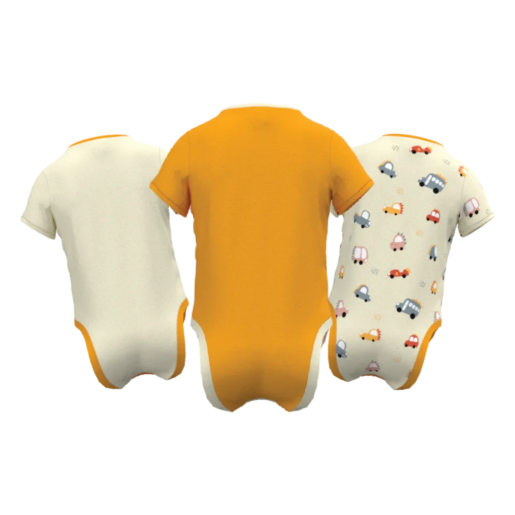 Yellow Boys Romper Set | 3-Piece Car Print Baby Bodysuit Set | Soft Cotton Short Sleeve Romper Pack | 1885