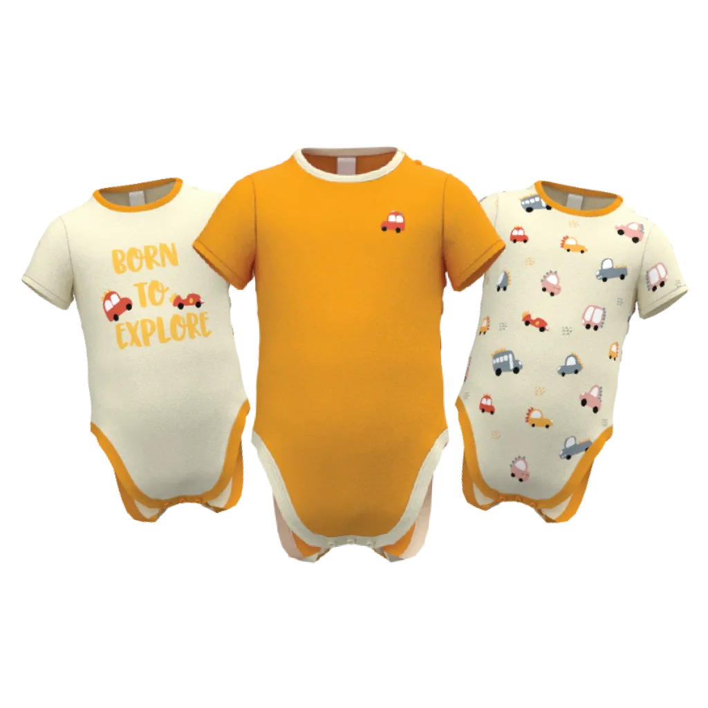 Yellow Boys Romper Set | 3-Piece Car Print Baby Bodysuit Set | Soft Cotton Short Sleeve Romper Pack | 1885