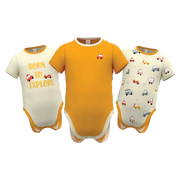 Yellow Boys Romper Set | 3-Piece Car Print Baby Bodysuit Set | Soft Cotton Short Sleeve Romper Pack | 1885