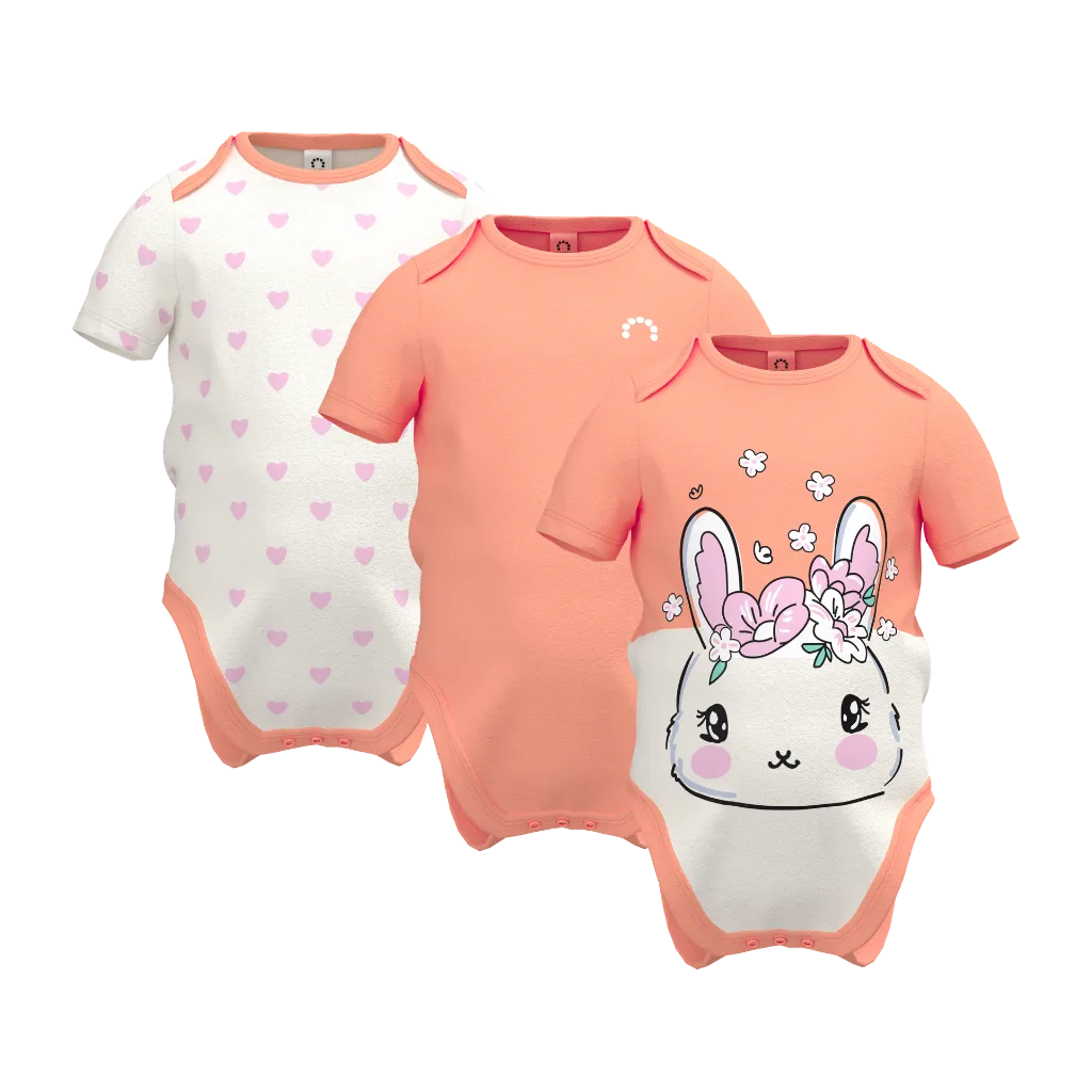 Pink Bunny Print Baby Girl Romper Set (3 PCS) | Soft Cotton Infant Bodysuits | Cute Newborn Essentials | 1887