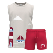 Cream Sleeveless T-Shirt & Red Short Pant Set for Boys | Lighthouse Graphic Kids Summer Outfit | 1895