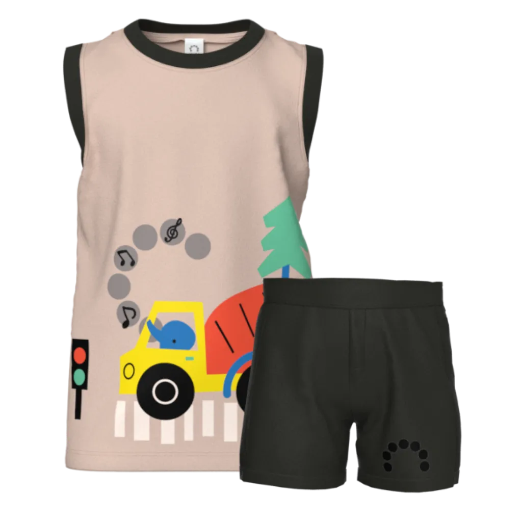 Beige Sleeveless T-Shirt & Black Short Pant Set for Boys | Fun Car Graphic Kids Summer Outfit | 1899