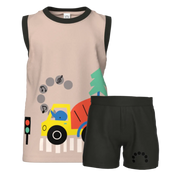 Beige Sleeveless T-Shirt & Black Short Pant Set for Boys | Fun Car Graphic Kids Summer Outfit | 1899