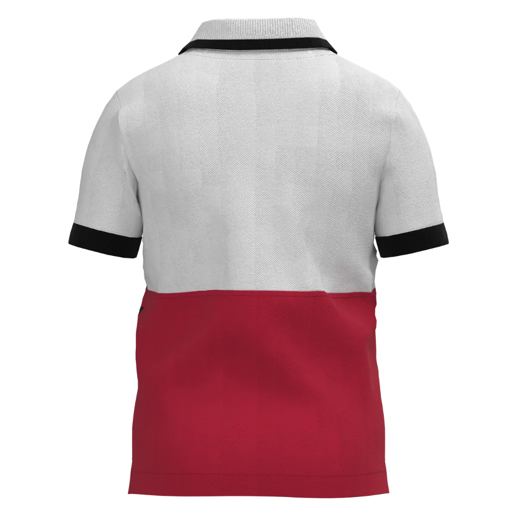 Gray and red polo shirt with black trim 